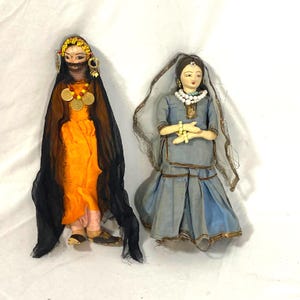 Pair Moroccan & East Indian Bride Antique Hand Sewn Soft Sculpture Dolls Figurine India 1950 Folk Art Collectable Cloth Fabric Handmade Doll