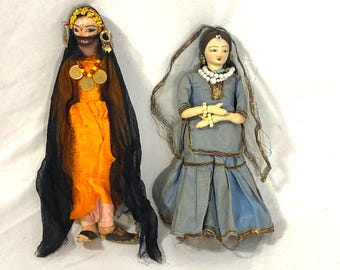 Pair Moroccan & East Indian Bride Antique Hand Sewn Soft Sculpture Dolls Figurine India 1950 Folk Art Collectable Cloth Fabric Handmade Doll