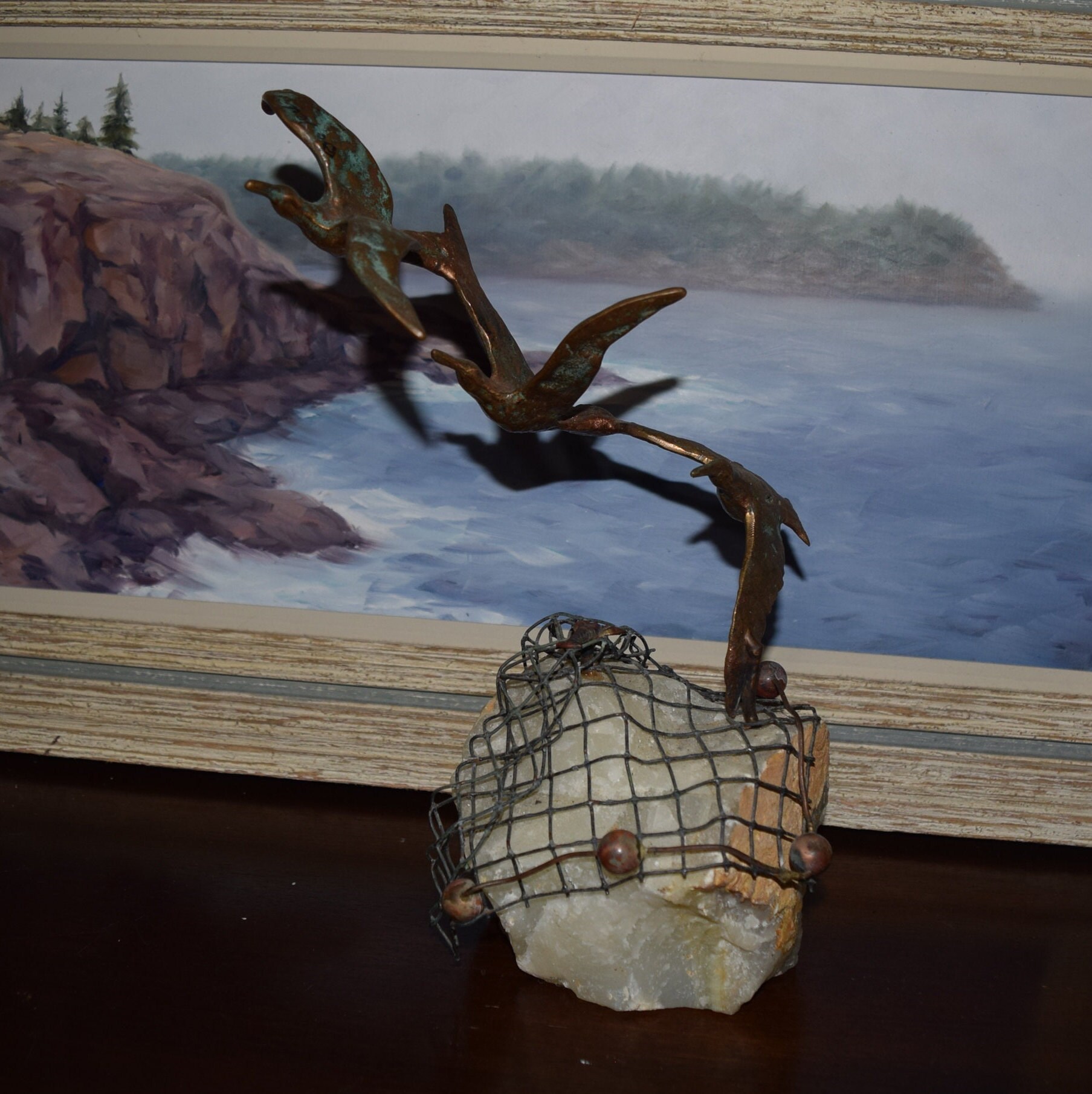 シーグラスアート『 大空へ•*¨*•.¸♬︎』 Sea Gull Birds in Flight off Coast Sculpture on Onyx Stone