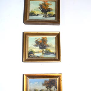 Op de afbeelding: Drie kleine ingelijste landschapsschilderijen. Elk toont een boom met oranje en bruine bladeren in de buurt van water. De goudkleurige frames en schilderijen worden tentoongesteld tegen een witte achtergrond.