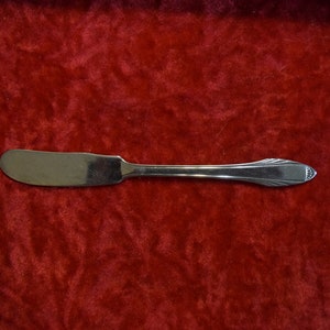 May include: A silver butter knife with a decorative handle on a red velvet background.