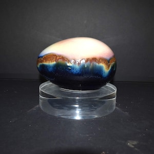 Art Studio Pottery Glazed Sculpture Large Egg Hand Made Ceramic Dragon Egg Artist Signed Cobalt, Brown, Pink, Cream Sunset Sunrise Landscape