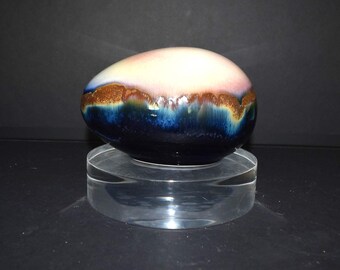 Art Studio Pottery Glazed Sculpture Large Egg Hand Made Ceramic Dragon Egg Artist Signed Cobalt, Brown, Pink, Cream Sunset Sunrise Landscape