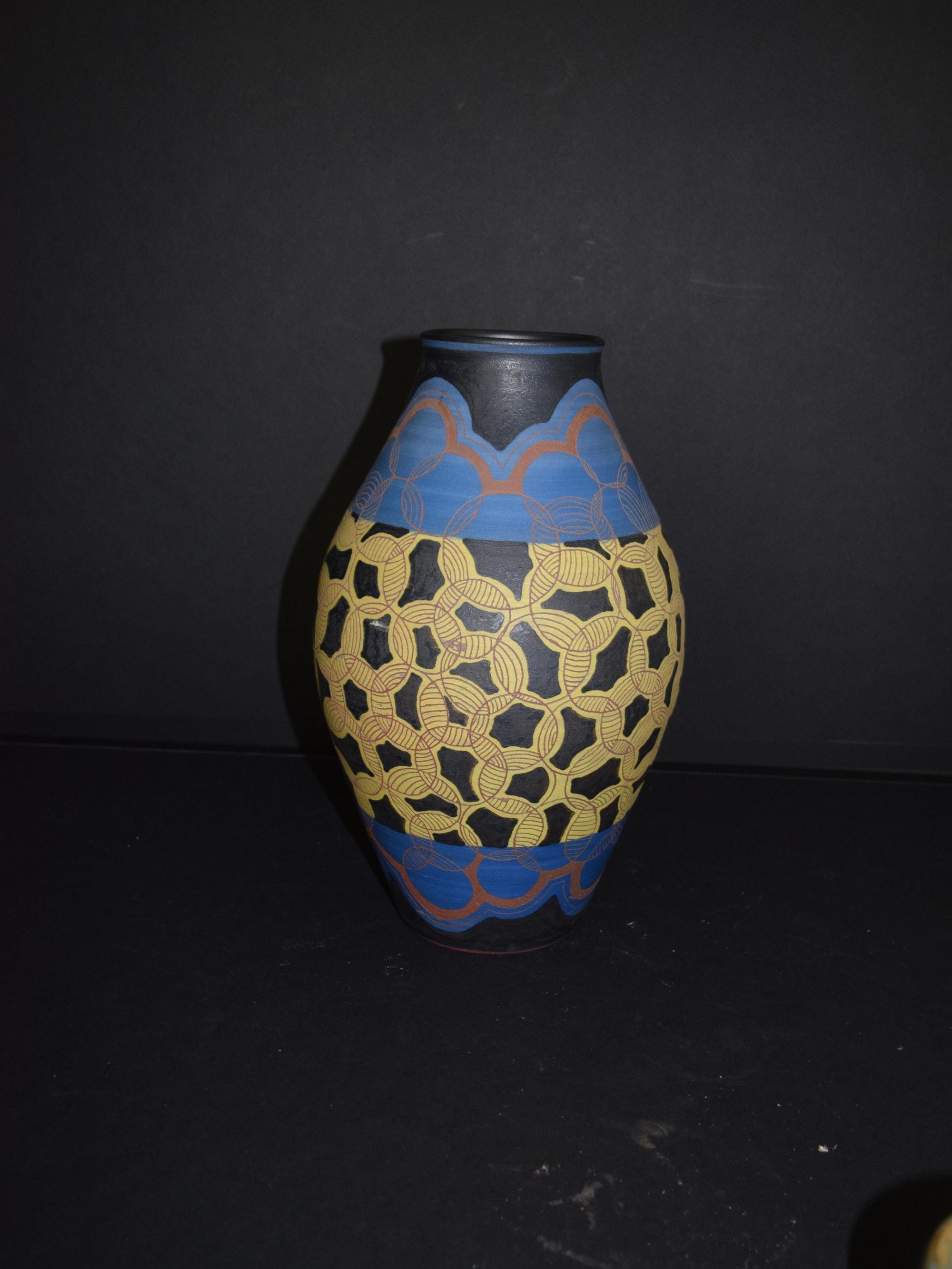 Michoacán or Ocumicho Folk Art Organic Geometric Motif Styled as Luis Manuel Morales or Mata Ortiz Black Pottery Tlaquepaque Mexican Op Art