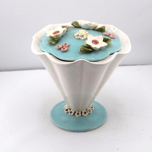 Retro Dresser Box in Cone Shape w Applied Flowers Porcelain Upside-Down Umbrella Shaped Vase 3D Flowers Encrusted Porcelain Flowers
