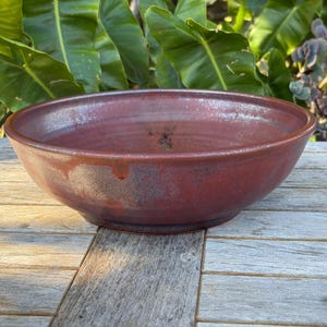 Vintage Handmade Large Brick-Colored Stoneware Ceramic Bowl Ceramic Copper Tone Glazed Decorative Bowl Signed Pottery Round Shaped Bowl