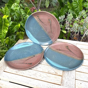 May include: Three round ceramic plates featuring a two-tone design with a glossy blue glaze on one side and a matte terracotta finish on the other. Each plate displays a distinct dark, thin, organic line detail across the surface.