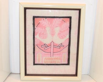 Framed Batik Peace Birds in Pink Textile Picture Wall Hanging Mid Century Modern Retro Textile Vintage Framed Batik Print Batik Wall Art