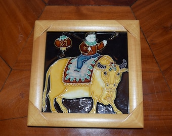 Oriental Asian Chinese Tile Art Ceramic Child Riding Bull Steer Lantern  Enamel Stain Glass Look SOLD SEPARATELY Woman Sunbathing SOLD