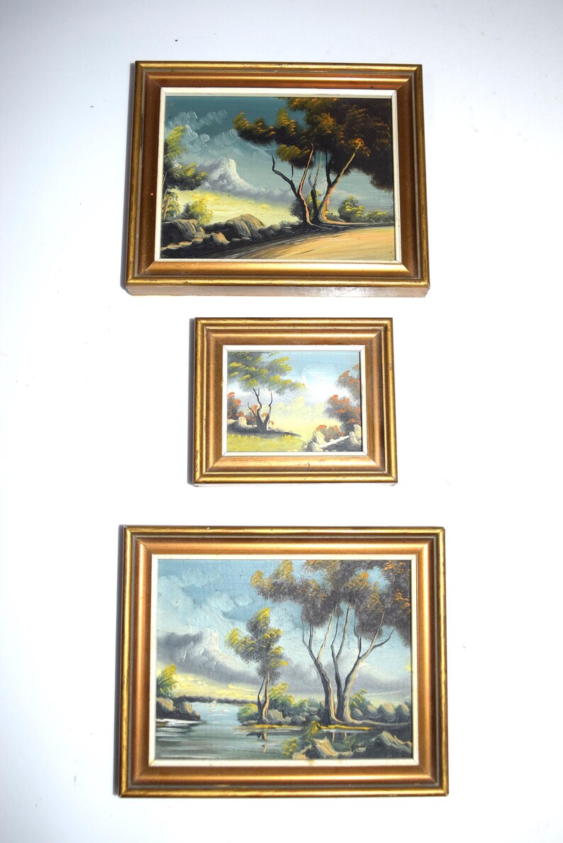 Op de afbeelding: Drie ingelijste landschapsschilderijen met goudkleurige lijsten. De schilderijen tonen bomen, water en een bewolkte lucht. Het kunstwerk wordt tentoongesteld tegen een witte achtergrond.