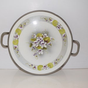 Style of Art Nouveau Early Vintage Floral Porcelain Footed Tray With Pewter Trim And Handles Pretty Purple Flowers