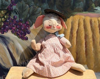 Annalee Country Girl Bunny Calico Dress Fashionista with Straw Hat, Leather Handbag Purse and Watch 1971 Shopper Granny Rabbit Wired Doll