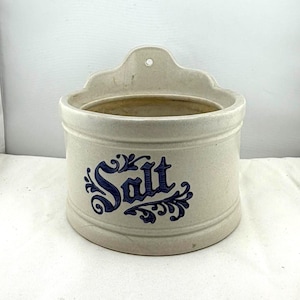 Stoneware Glazed Folk Blue Lettered SALT Crock by Pfaltzgraff 560Y Made in USA Salt Wall Pocket Container