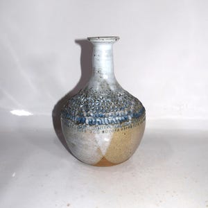 Brutalist Crusty Exterior Textured Natural Pebble Stone Look 1960 Ceramics Art Studio Pottery Brutalist Detailing Long Neck Blue Vase