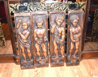 Neoclassical PUTTI 4 SEASONS in High Relief Bas Relief Sculpture Wall Plaque Cherubs Putti Angel Tuscan Baroque Victorian Hollywood Regency