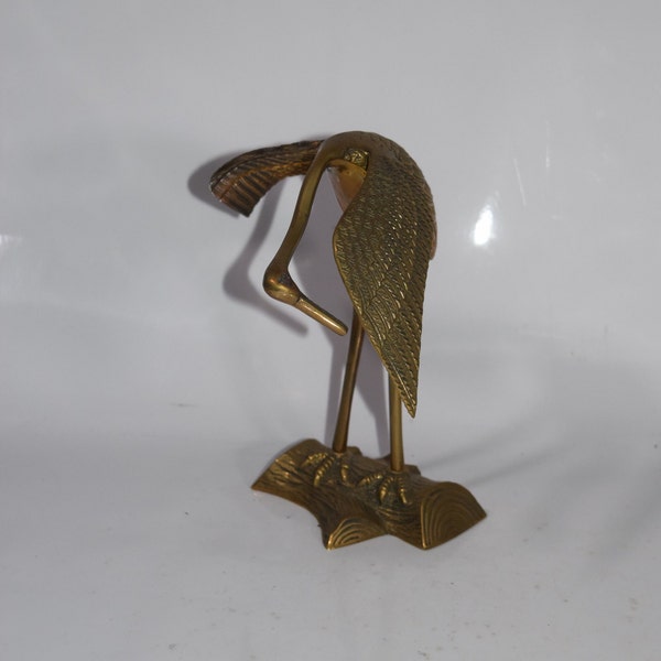 Large Etched Brass Egret Ibis Stork Heron Bird Standing On Log Large Vintage Brass Crane with Log Base