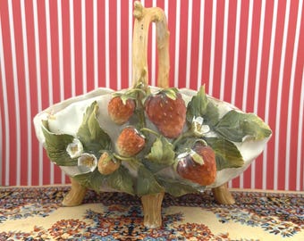3D Strawberries Basket Unique Whimsical Vintage Hand-painted 19th-Century French Porcelain Barbotine Flower Basket With Twig Handle France