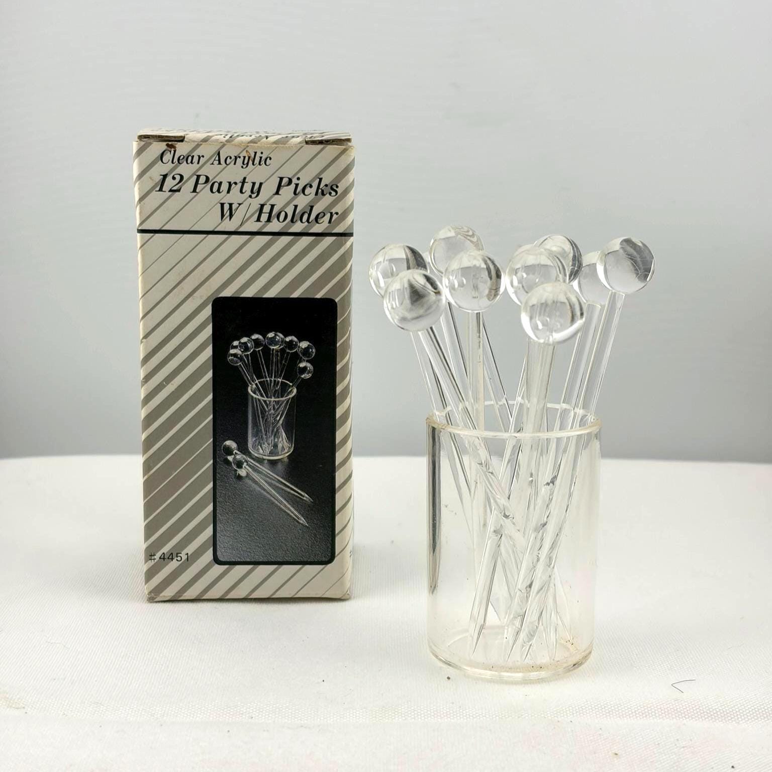 Clear Acrylic Party Picks w/ Holder Cocktail Picks Hors d'Oeuvres Appetizer Picks Cocktail Appetizer Fondue Lucite Picks Set of 11 w box