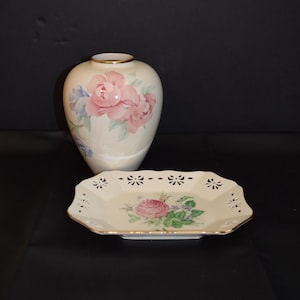 Lenox Retired 1987-1993 Chatsworth Floral Pink Rose Gold Rim Trim Vase or Victorian Rose Collection Rose Manor Pink Tray Candy Trinket Dish