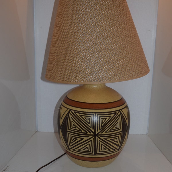 Large Native American Geometric Design Southwest Themed Table Lamp Acoma Pueblo Pottery Jar  Southwest Tribal Navajo