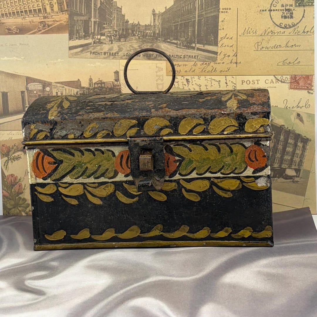 American Folk Art Painted Toleware Tin Box Antique Paint Decorated Dome ...