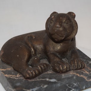 Figure Of A Lioness Sculpture Of Lioness Vintage Patinated Bronze On Marble Base Mid-Century Art Sculpture Lounging Lion 1969 Signed &quot;AMP&quot;