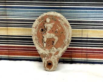 Ancient Antique Roman / Greek Terracotta Clay Oil Lamp Vessel Egypt Museum Quality Artifact  Pottery Glazed Ceramic Stoneware Oil Candle