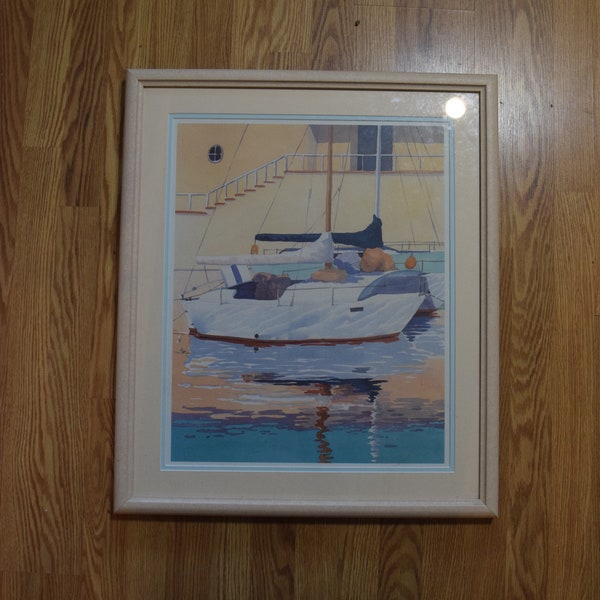 Signed Original Watercolor Boat Docked Reflective Water 1980s Bermuda Scene Watercolor Dingy Sailboat Nautical Seascape Coastal Beach House