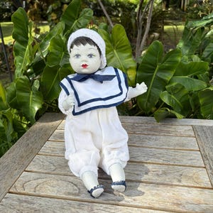 Sweet Freckled Face Sailor Attire Porcelain Collector Doll Maritime Sailor Doll Soft Body