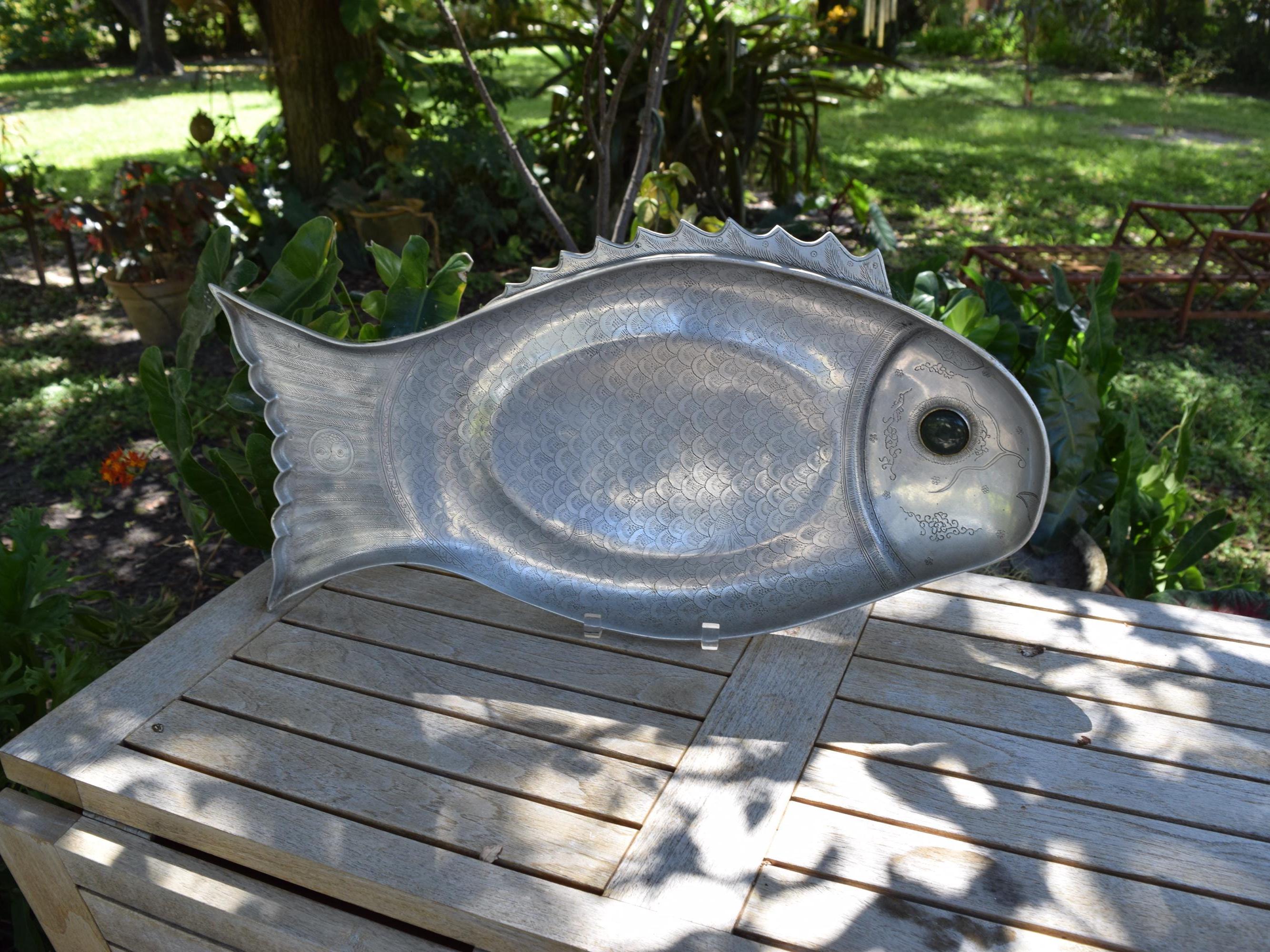 Arthur Court Large Aluminum Fish Shaped With Green Cabochon Stone