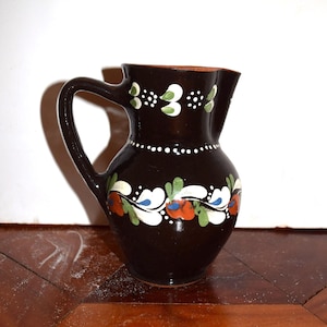 Bohemian Rustic Terracotta Black Vintage Folk Flower Pitcher Pen Holder European French or Hungarian Redware Pottery Farmhouse Country