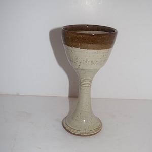 BoHo Style Stoneware Tan With Brown Glazed Rim Wine Goblet Chalice Handmade Pottery Signed Medieval Renaissance