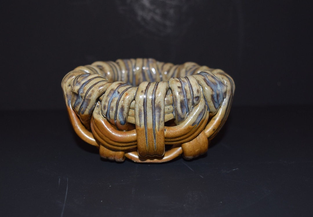 Rustic Clay Woven Basket With Earth Tone Brown Glaze Art Studio Ceramic