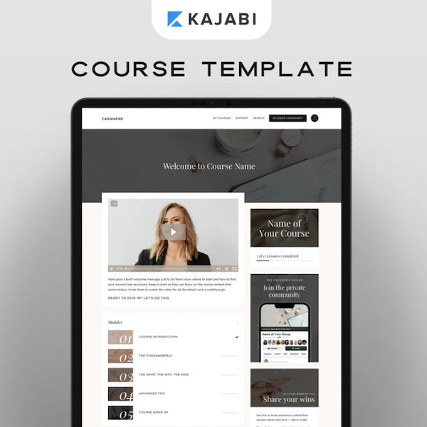 Kit de cours de kajabi | Modèle de produit avec vignettes de cours | Thème pour entraîneurs et créateurs de cours | Page de vente I Lien IG Instagram dans la bio