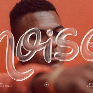 Puede incluir: Un diseño de fuente 3D con un efecto de burbuja, deletreando la palabra "ruido". La fuente es moderna y tiene una apariencia burbujeante y transparente.