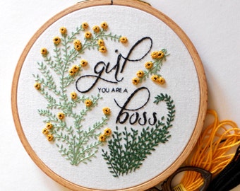 Girl Boss Feminist Wall Art Flower Embroidery Hoop Art Girl Power Quote Feminist Gift