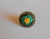 Hand Embroidered Flower Ring Unique rings for women Vintage Style Yellow Rose Ring Statement Cute gift for mom under 30
