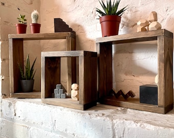 Wooden cube shelf, rustic box shelf, wall hanging, square shelf, floating cube shelf, plant display shelves, miniature display shelf