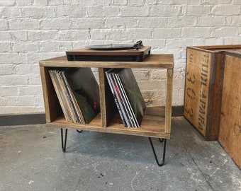 Handmade Wooden Record Player Stand: Rustic Vinyl Storage Unit