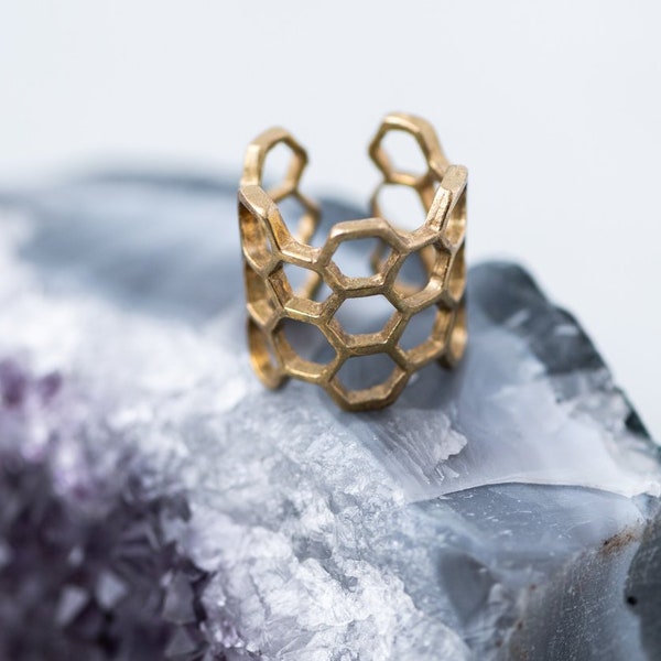 Golden Honeycomb Adjustable Brass Ring
