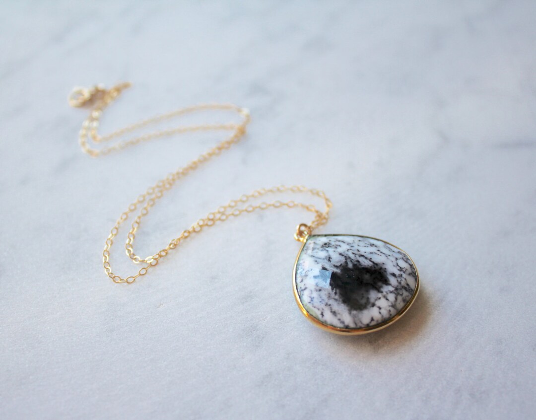 Gold Bezel Set Dendritic Opal Stone Teardrop Necklace - Etsy