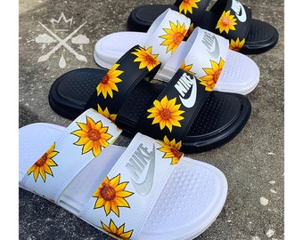 nike slides with sunflowers on them