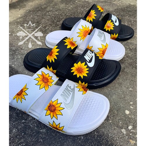 Buy Sunflower Sandals Womens Nike White Black Slides Benassi Online in  India - Etsy