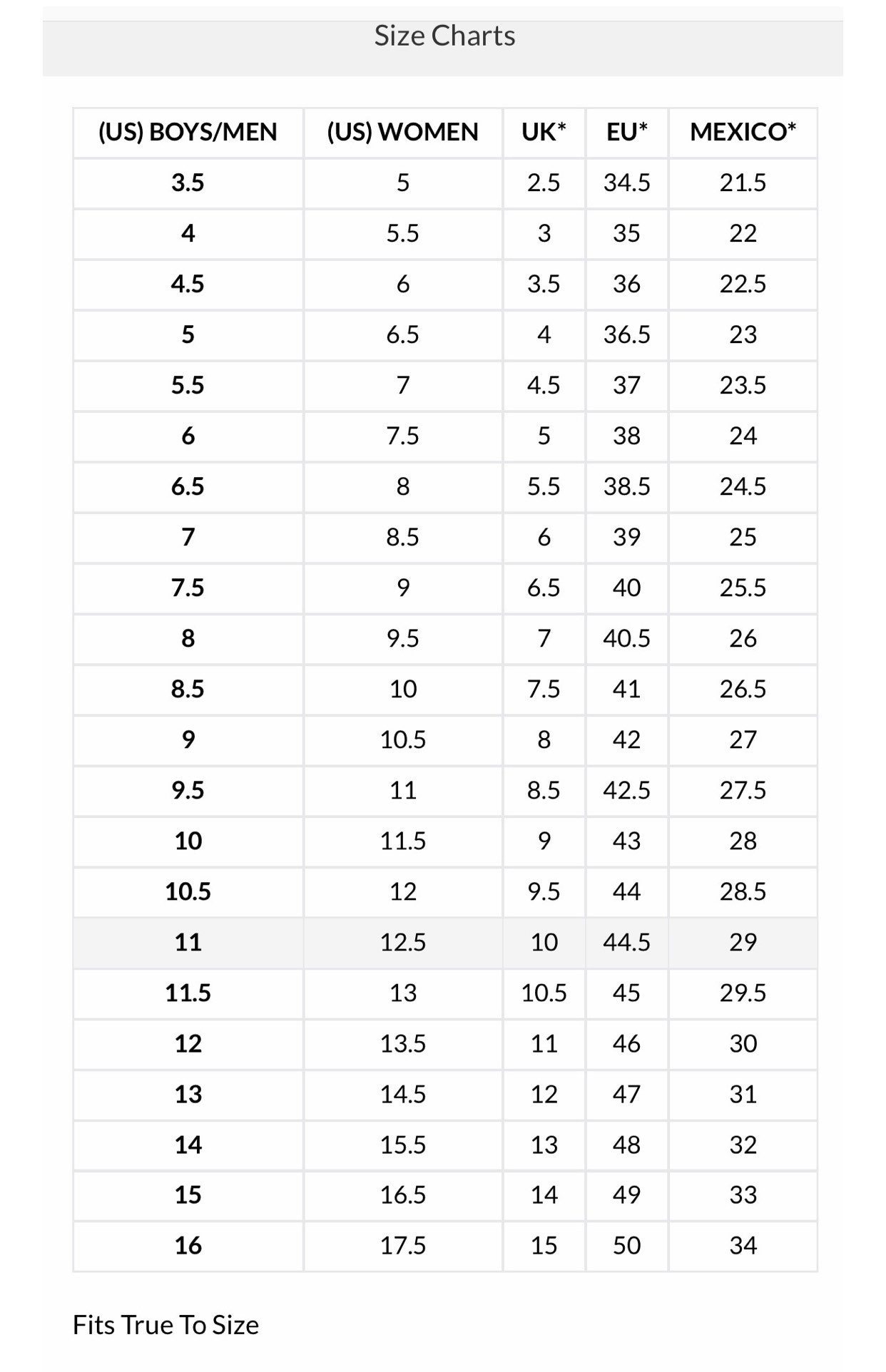 nike airforce size chart