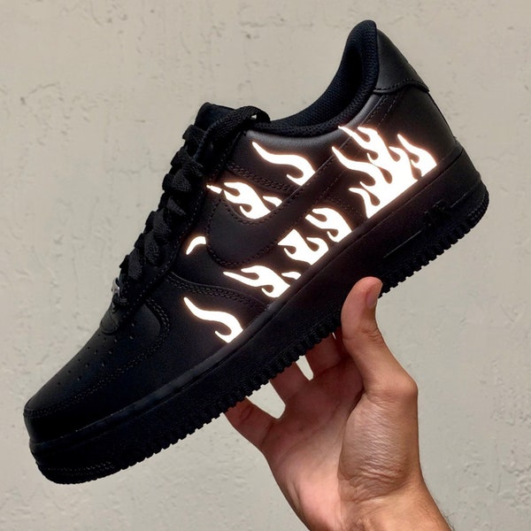 Reflective Flames Black Nike Air Force 1 | Custom Air Force 1s One | 3m Reflective Fire Sneaker | Custom AF1 | Reflective Shoes