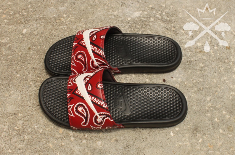 red bandana nike slides