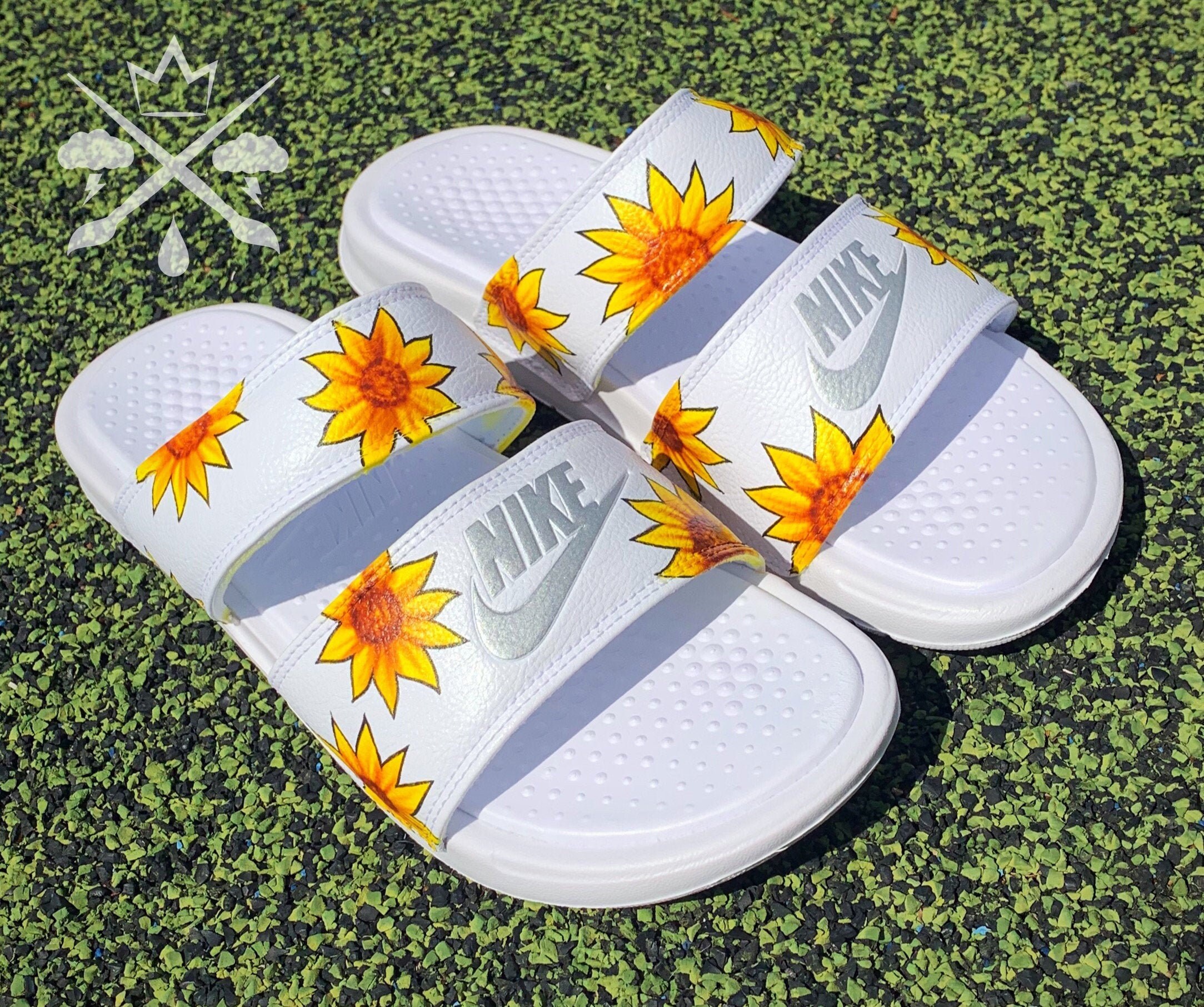 white sunflower nike sandals