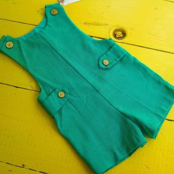 Vintage 2T BABY BOY Emerald Green Sleeveless Romper by Goodlad, vintage baby boy romper, vintage baby outfit 24 months, 2T vintage baby