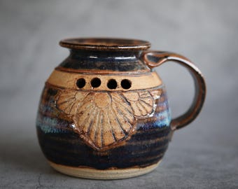 Dark Blue and Brown Handmade Mug with Carved Design Signed by the Artist
