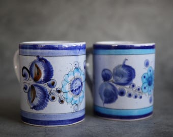 Set of Two Vintage Tonala Mexico Coffee Cups Mugs Floral Pattern Mismatched